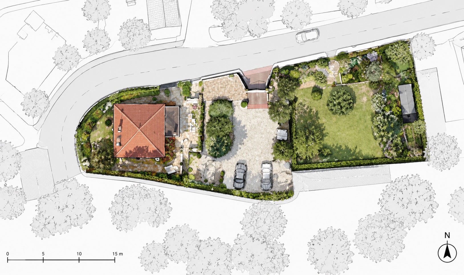Rendered site plan of Villa La Treille Muscate, showing the house, terrace, driveway and garden